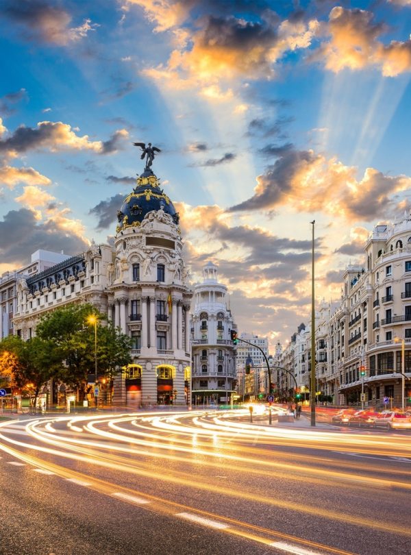 Madrid, Spain cityscape at Calle de Alcala and Gran Via.